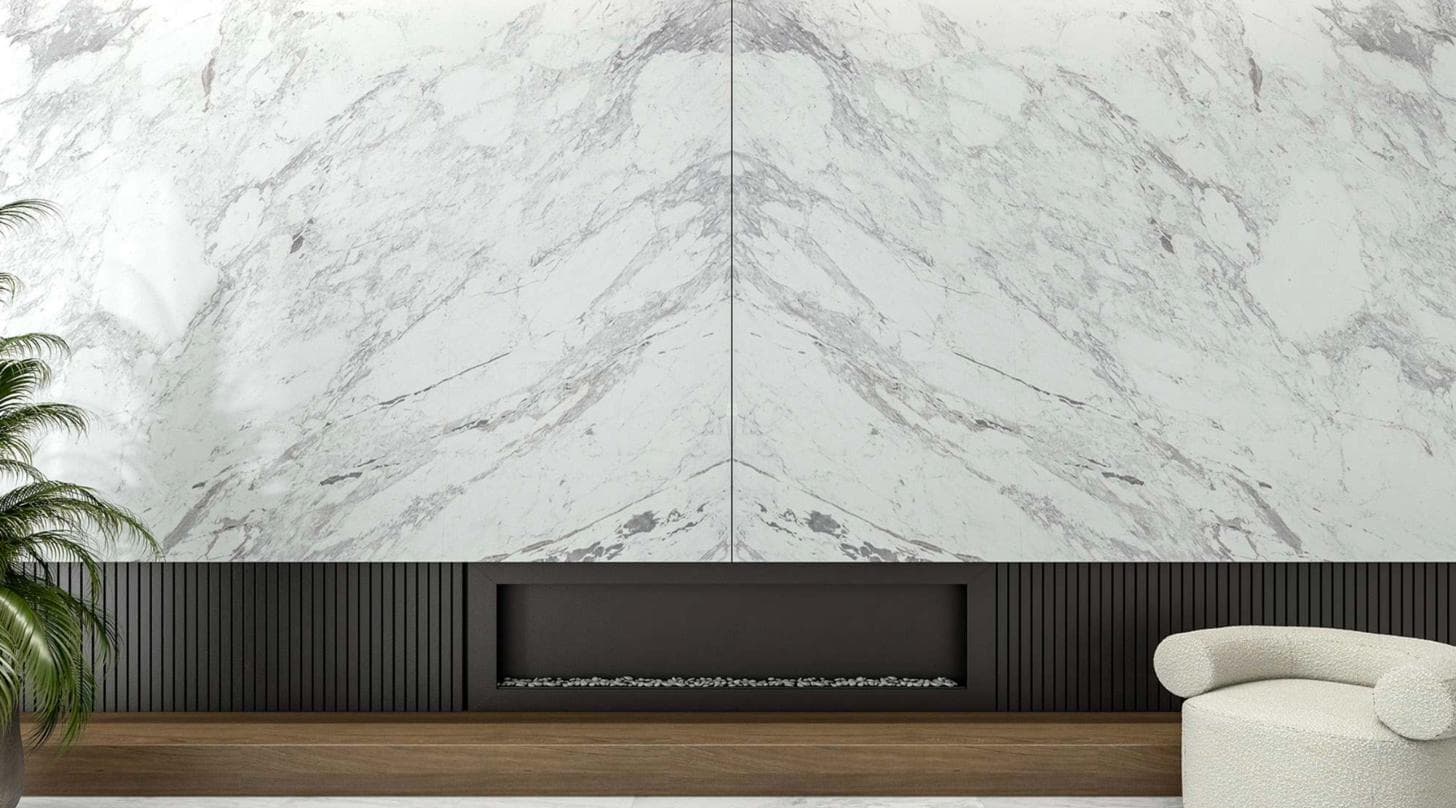 Luxury interior with bookmatch marble installation